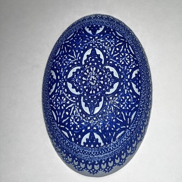 Sapphire Blue Hand Painted Glass Raised Relief Oval Bowl - Picture 4 of 8